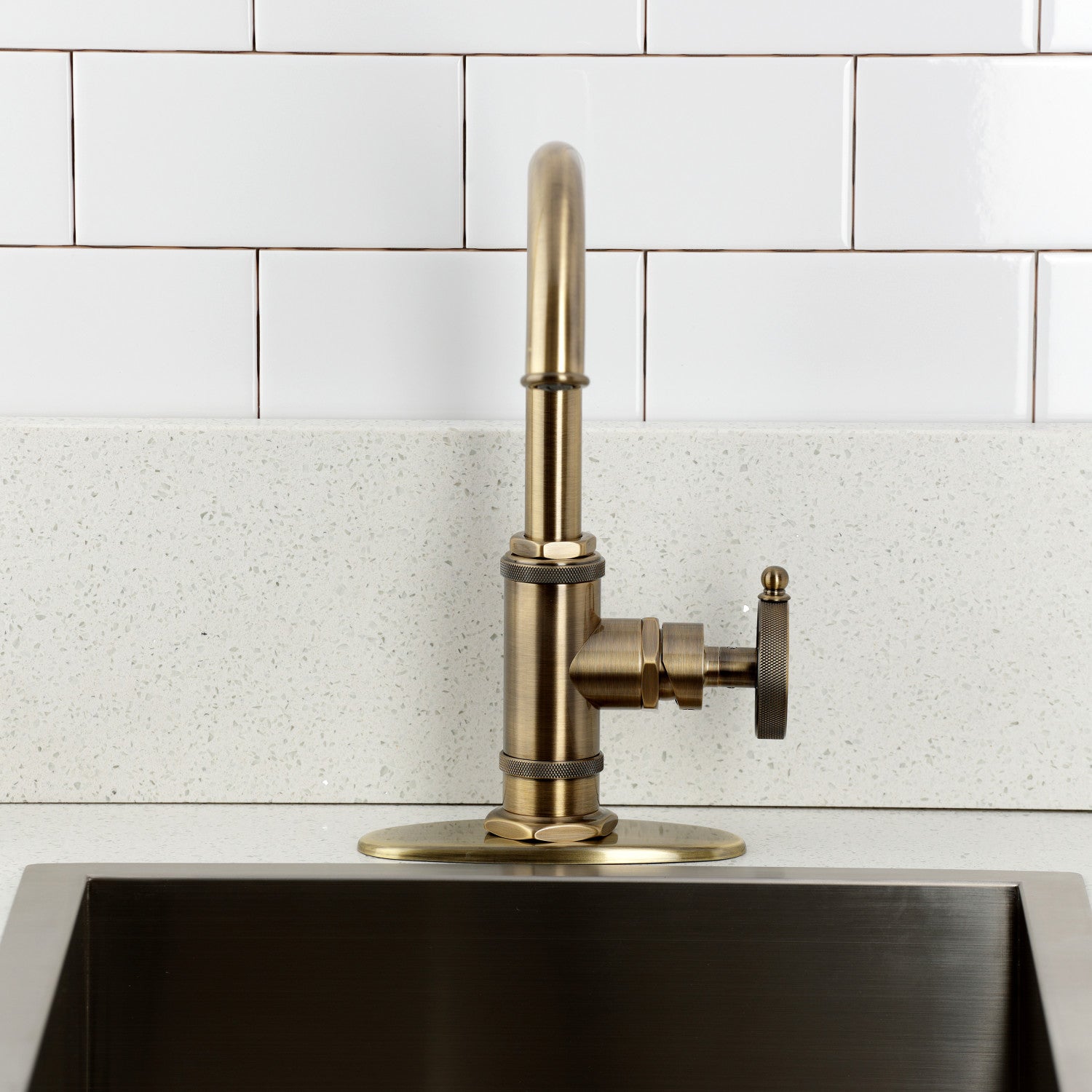 Kingston Sona KSD8503RKZ - Wendell One-Handle 1-Hole Deck Mount Bar Faucet with Knurled Handle, Antique Brass — thumbnail 3